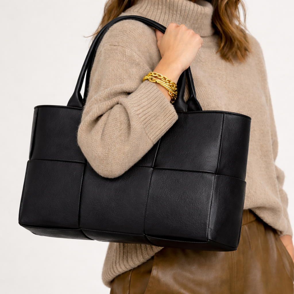 Woven Tote Bag - Soft Vegan Leather Women's Shoulder Tote