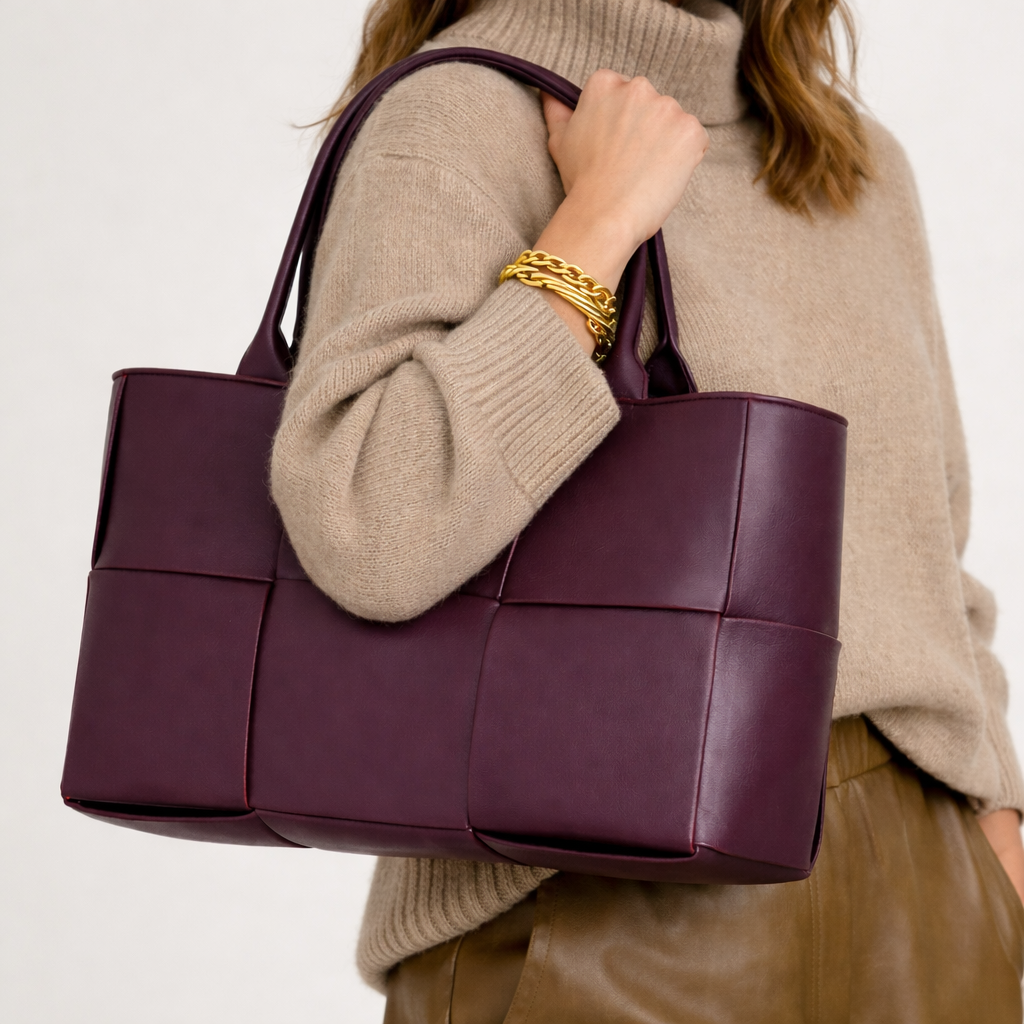 Woven Tote Bag - Soft Vegan Leather Women's Shoulder Tote