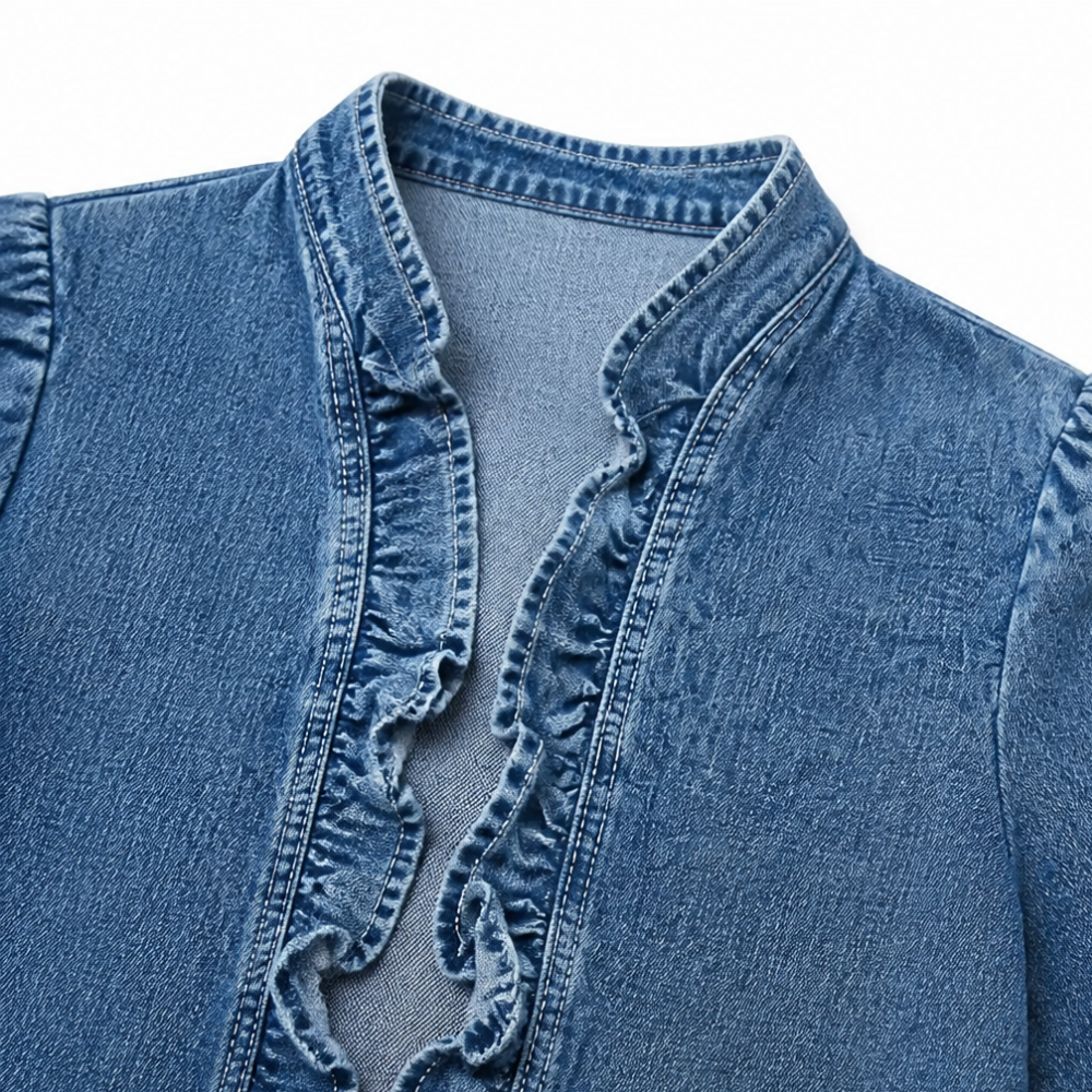 Maelyn Ruffle Denim Jacket - Women's Open Front Jacket