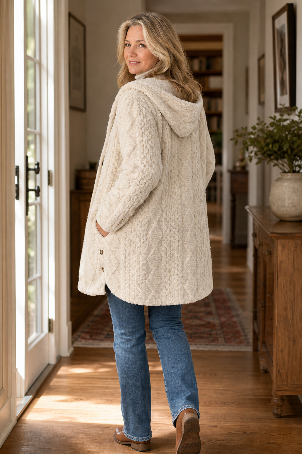 Wearbella Hooded Longline Coat - Women's Textured Knit Coat