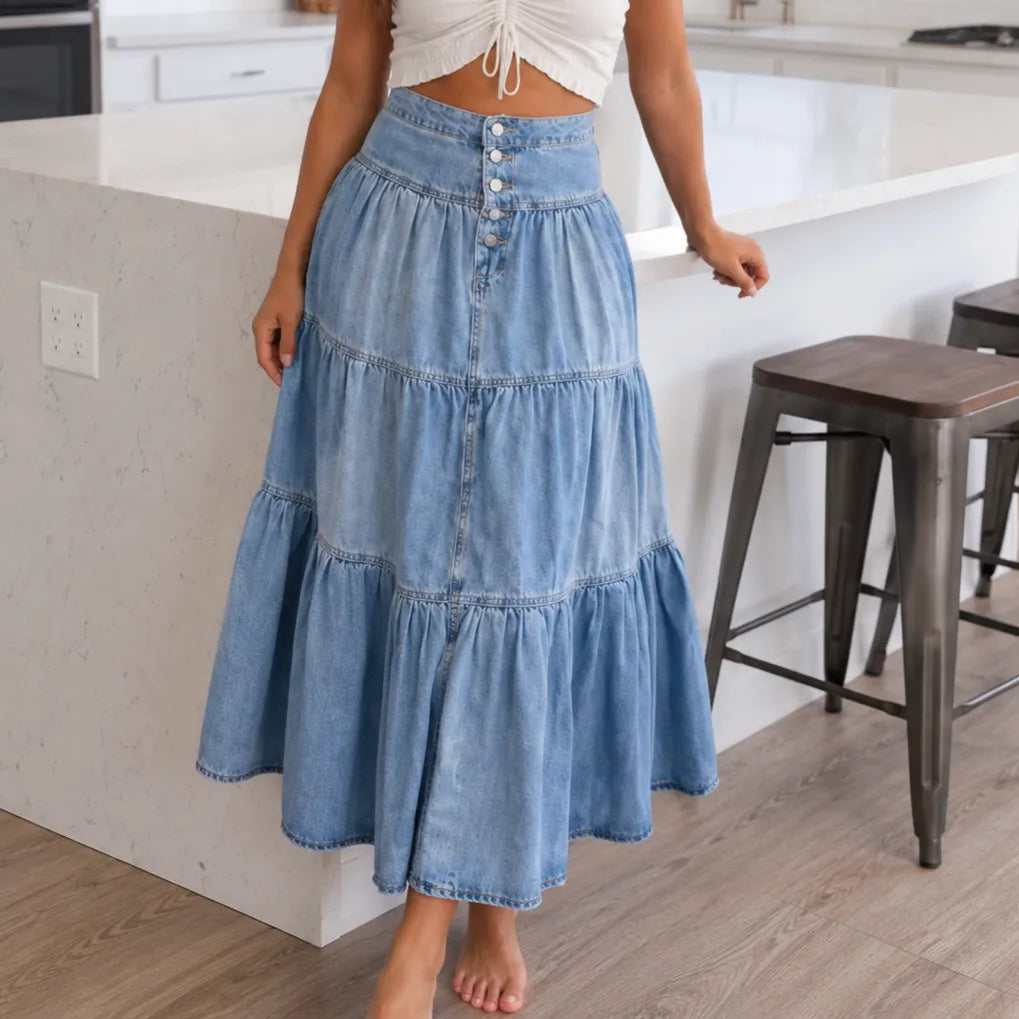 Romella Denim Maxi Skirt - Women's Tiered A-Line Skirt