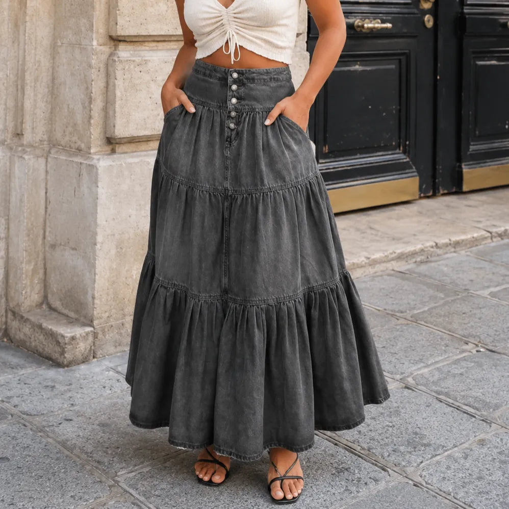 Romella Denim Maxi Skirt - Women's Tiered A-Line Skirt