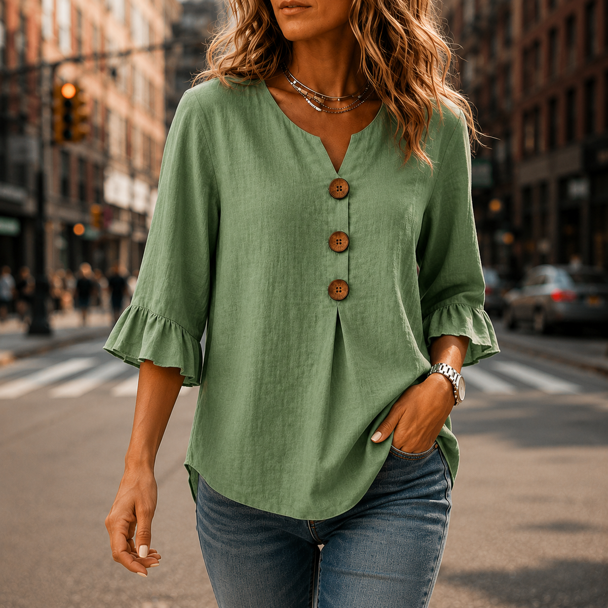 Laurelle - V-Neck Ruffle Sleeve Women's Button Blouse