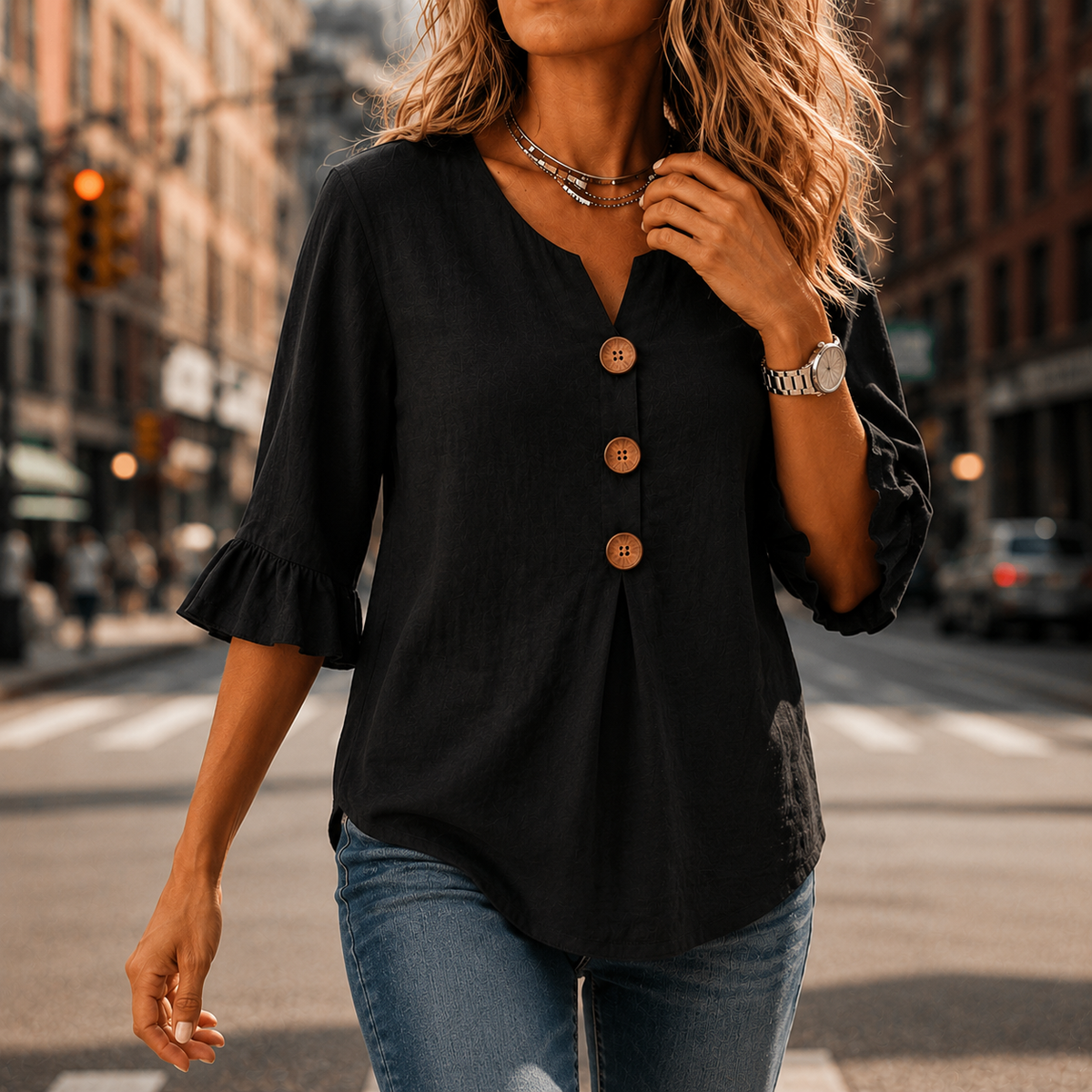 Laurelle - V-Neck Ruffle Sleeve Women's Button Blouse