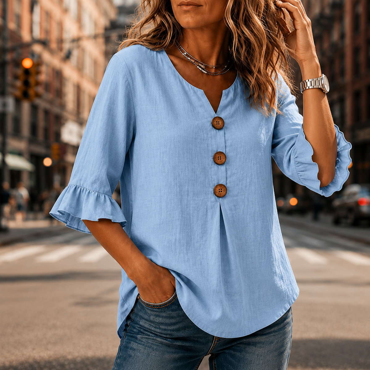 Laurelle - V-Neck Ruffle Sleeve Women's Button Blouse