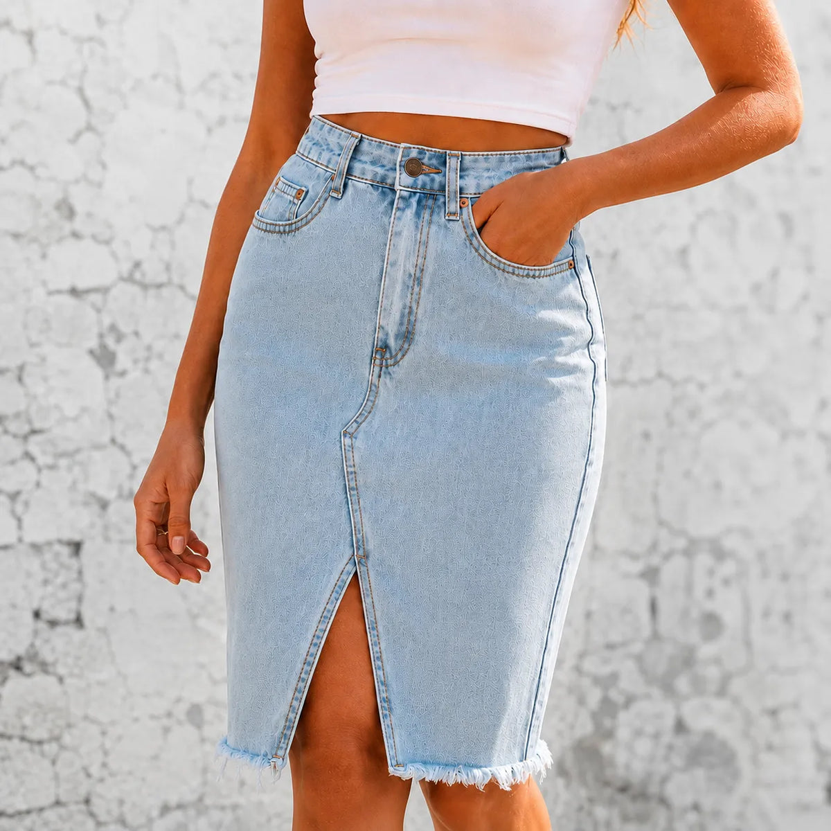 Marivel Denim Midi Skirt - Women's Front Slit Skirt