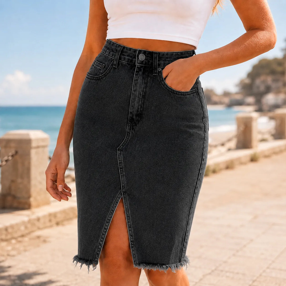 Marivel Denim Midi Skirt - Women's Front Slit Skirt
