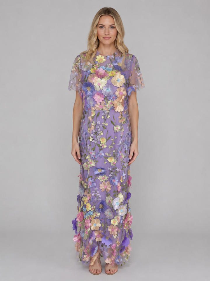 3D Floral Tulle Maxi Dress - Women's Embroidered Gown