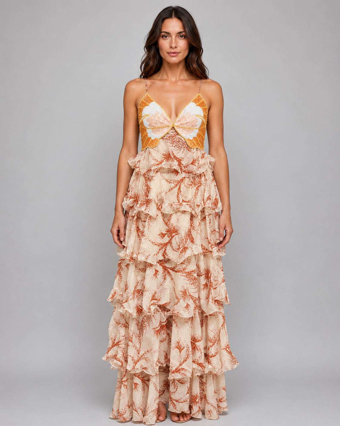 Butterfly Ruffle Maxi Dress - Women's Thigh Split Dress