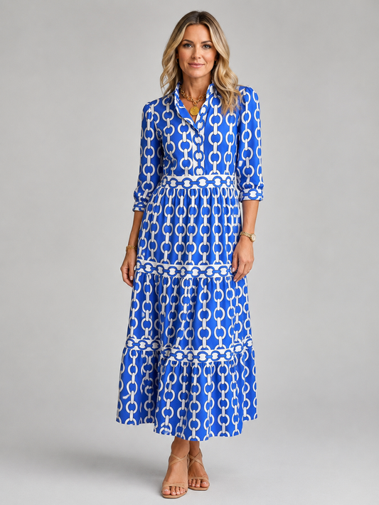 Chain Print Midi Dress - Relaxed Women's Collared Dress