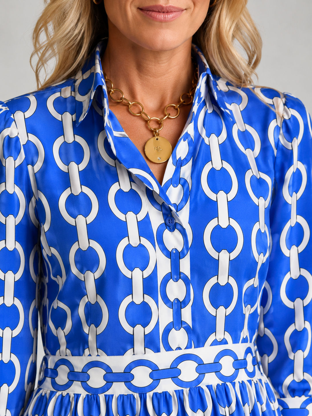 Chain Print Midi Dress - Relaxed Women's Collared Dress