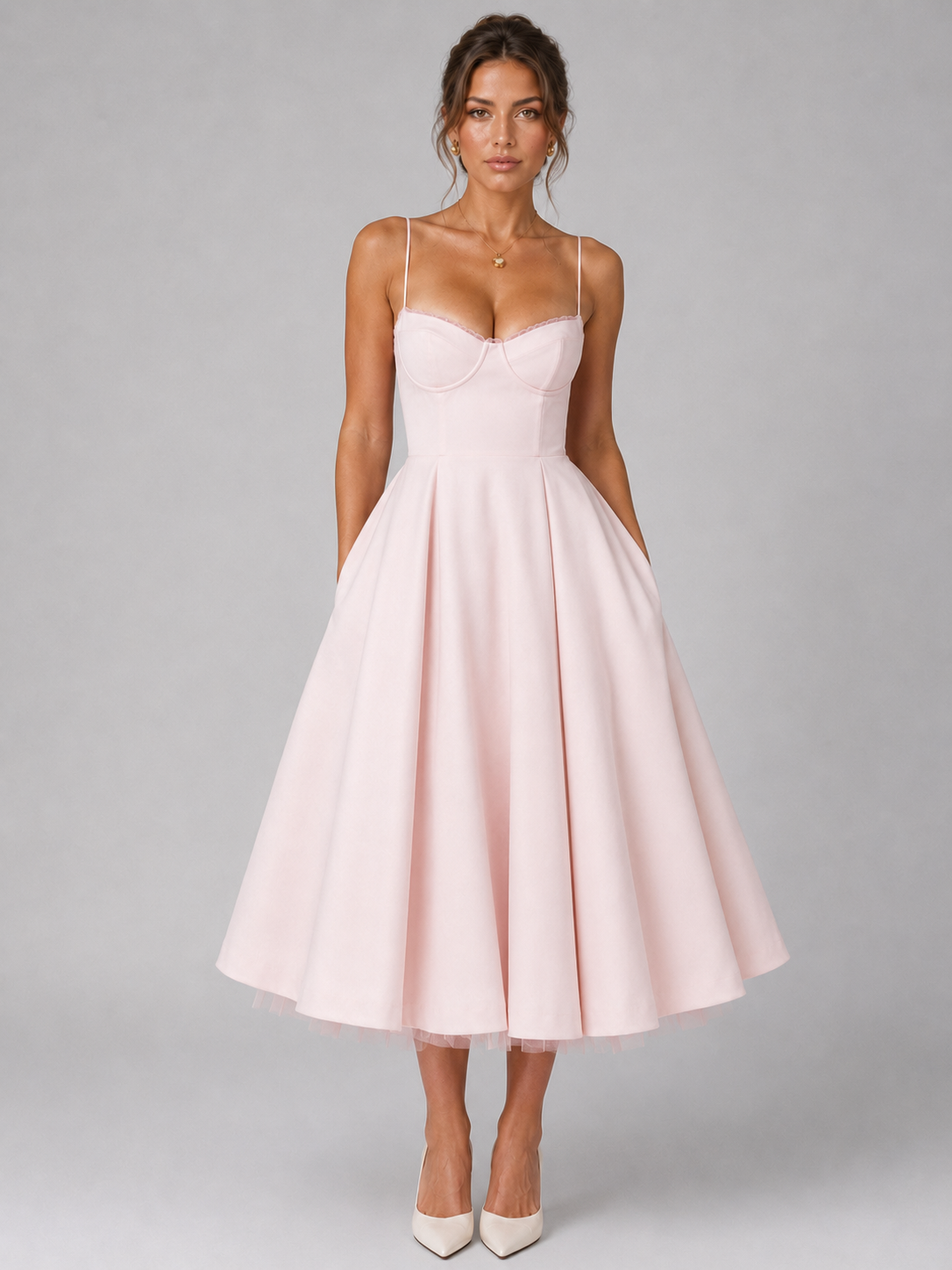 Corset Midi Dress - Women's Full Skirt Occasion Dress