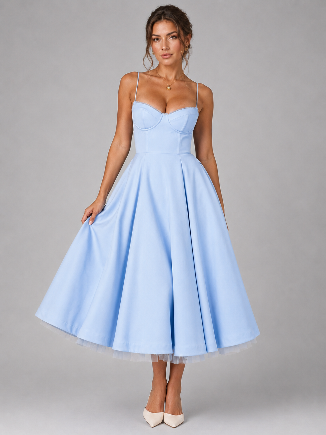 Corset Midi Dress - Women's Full Skirt Occasion Dress
