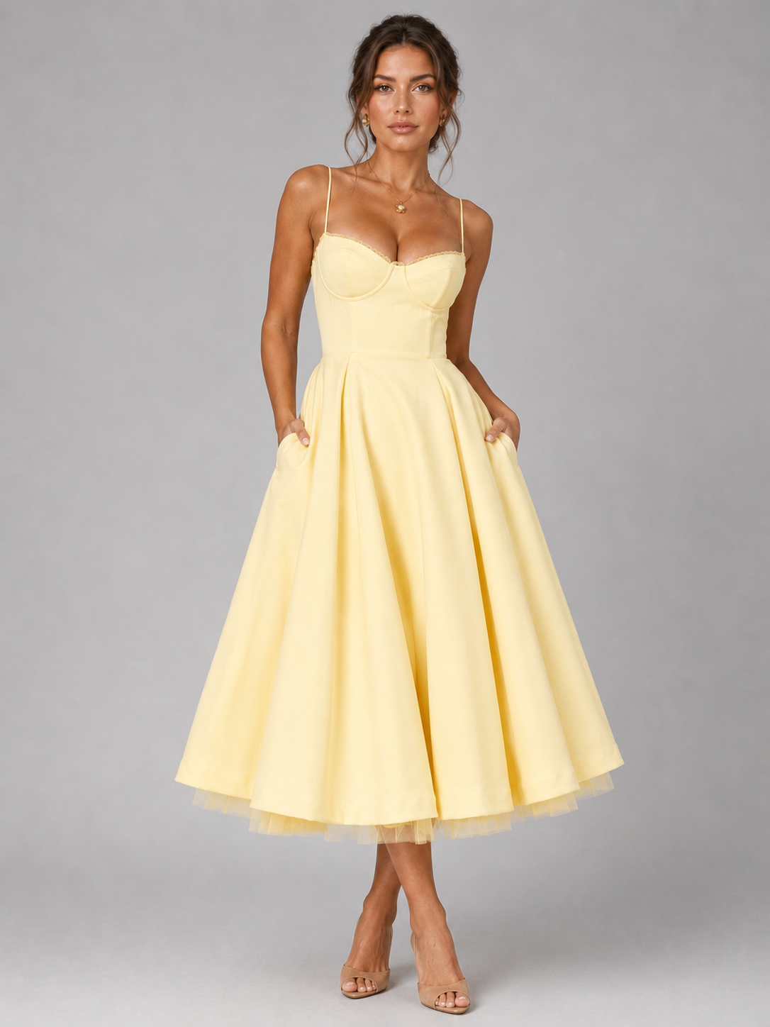 Corset Midi Dress - Women's Full Skirt Occasion Dress