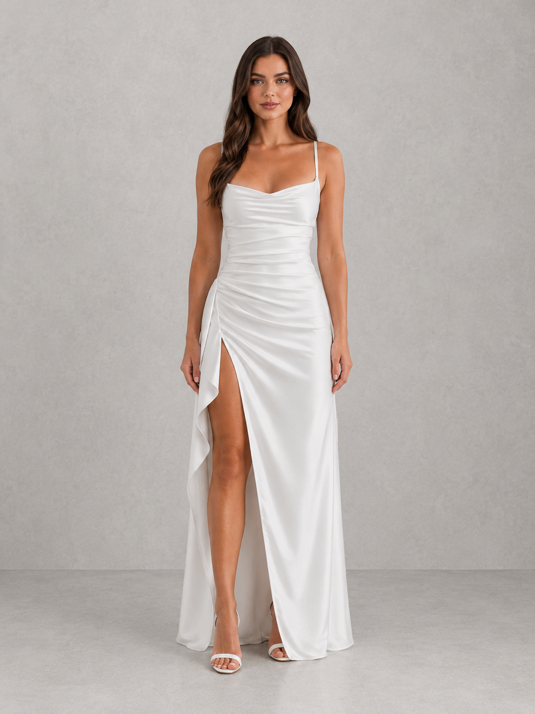 Draped Satin Feel Maxi Dress - Women's Ruched Evening Gown