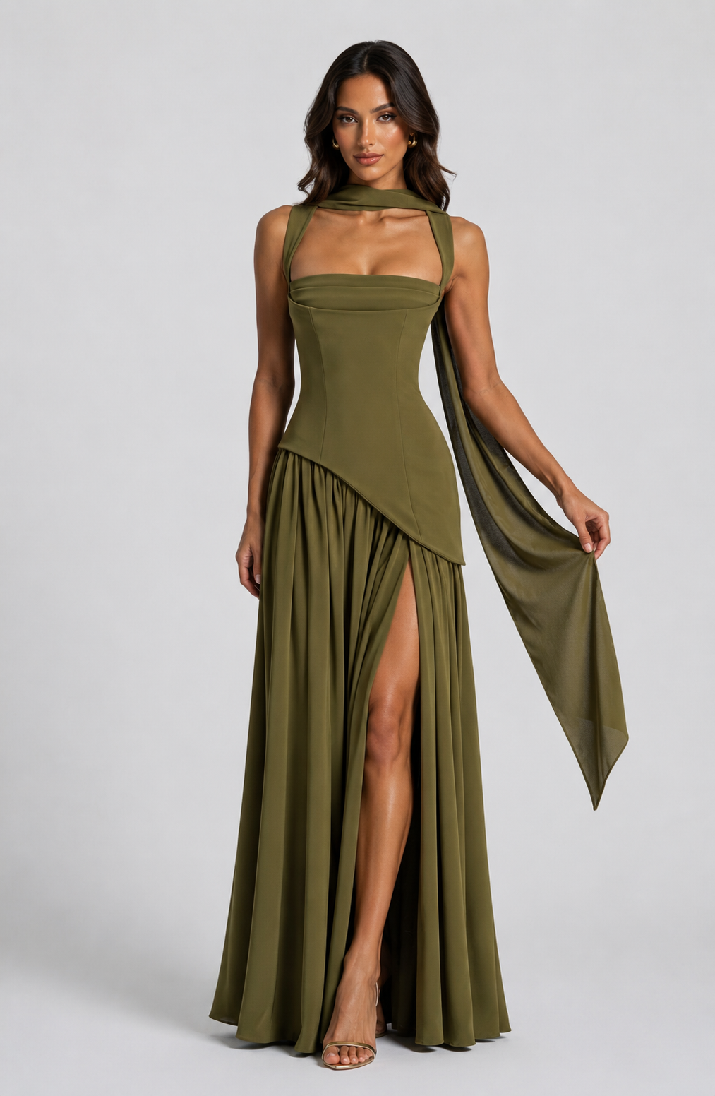Draped Satin Feel Maxi Dress - Women's Asymmetric Gown