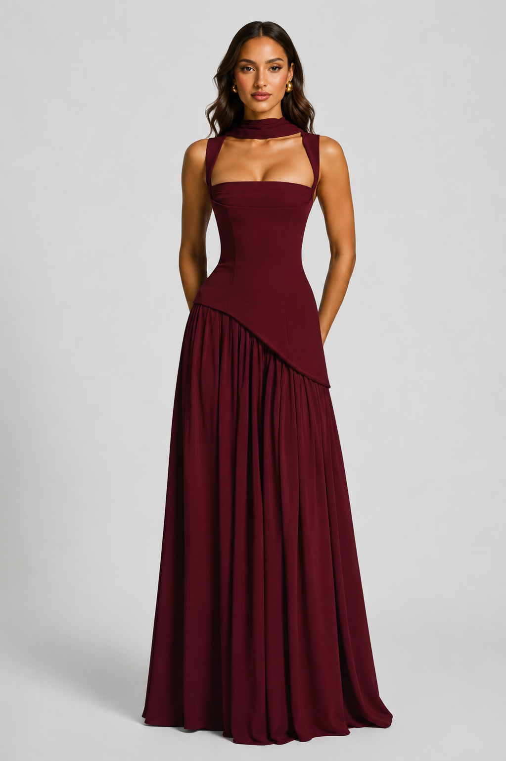 Draped Satin Feel Maxi Dress - Women's Asymmetric Gown