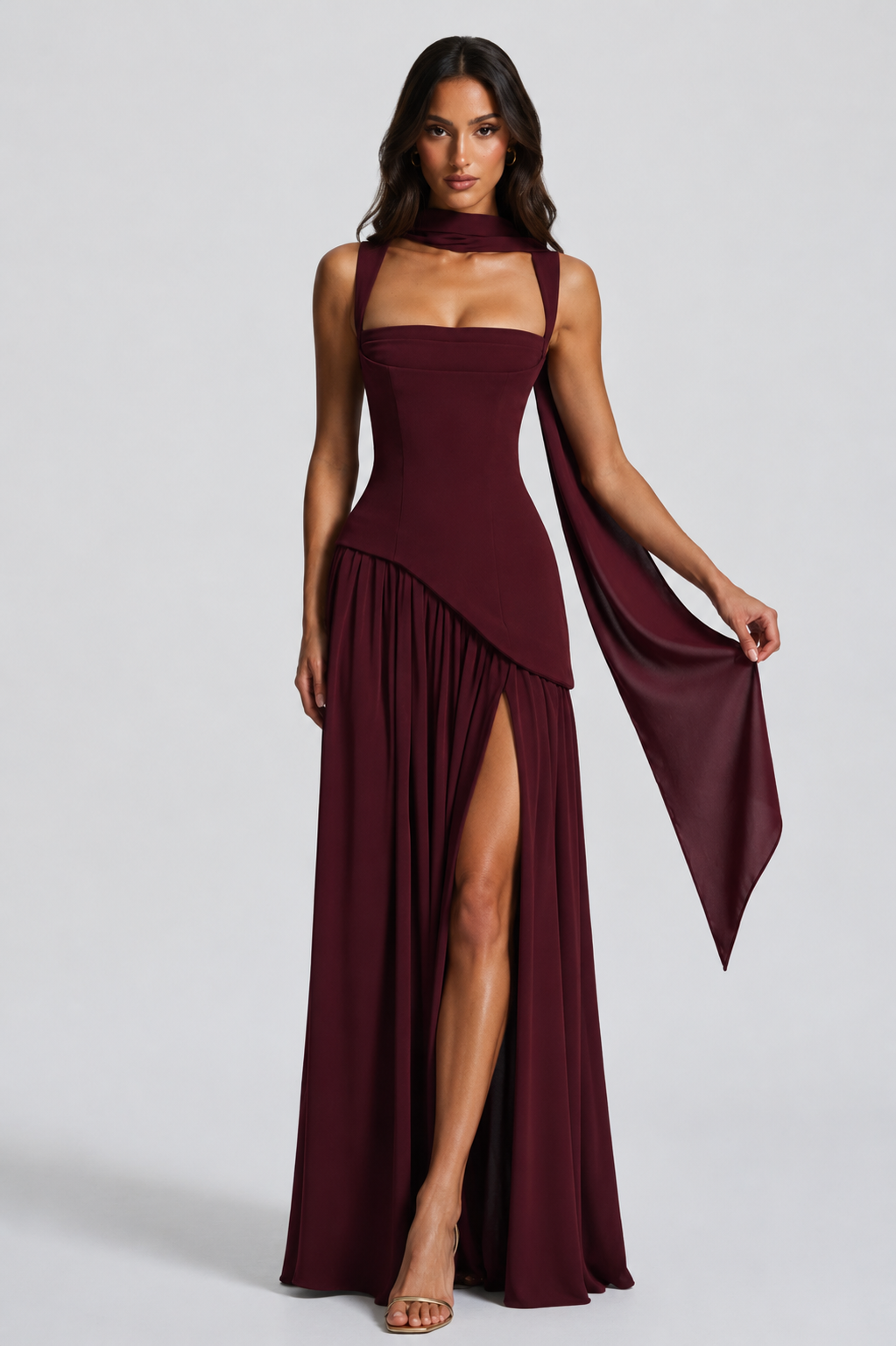 Draped Satin Feel Maxi Dress - Women's Asymmetric Gown