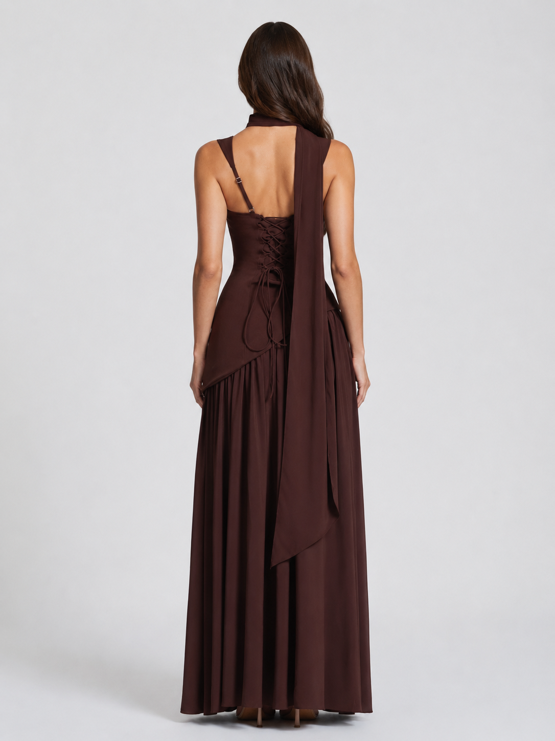 Draped Satin Feel Maxi Dress - Women's Asymmetric Gown