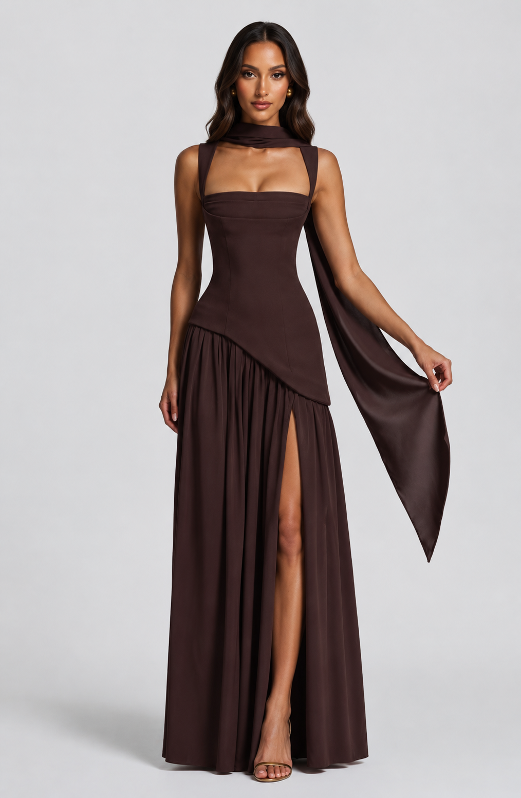 Draped Satin Feel Maxi Dress - Women's Asymmetric Gown