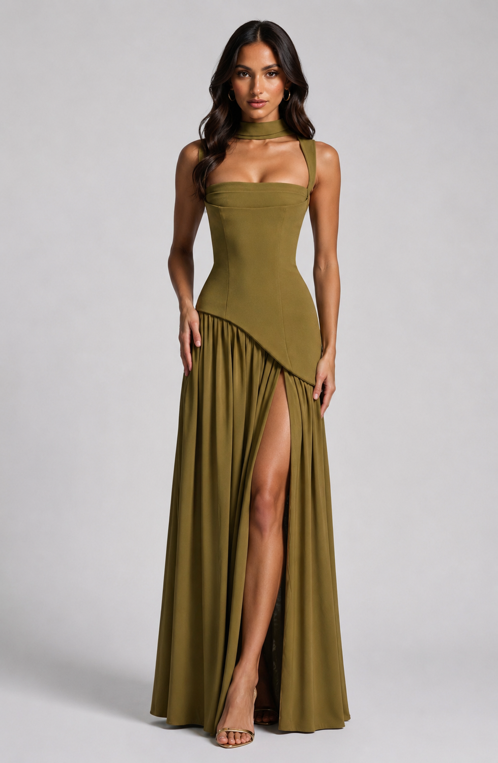 Draped Satin Feel Maxi Dress - Women's Asymmetric Gown