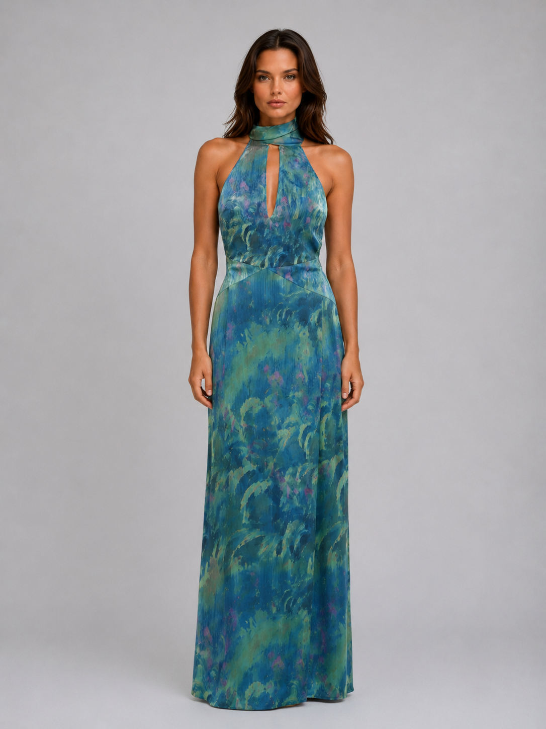 Floral Chiffon Maxi Dress - Women's Scarf Neck Halter
