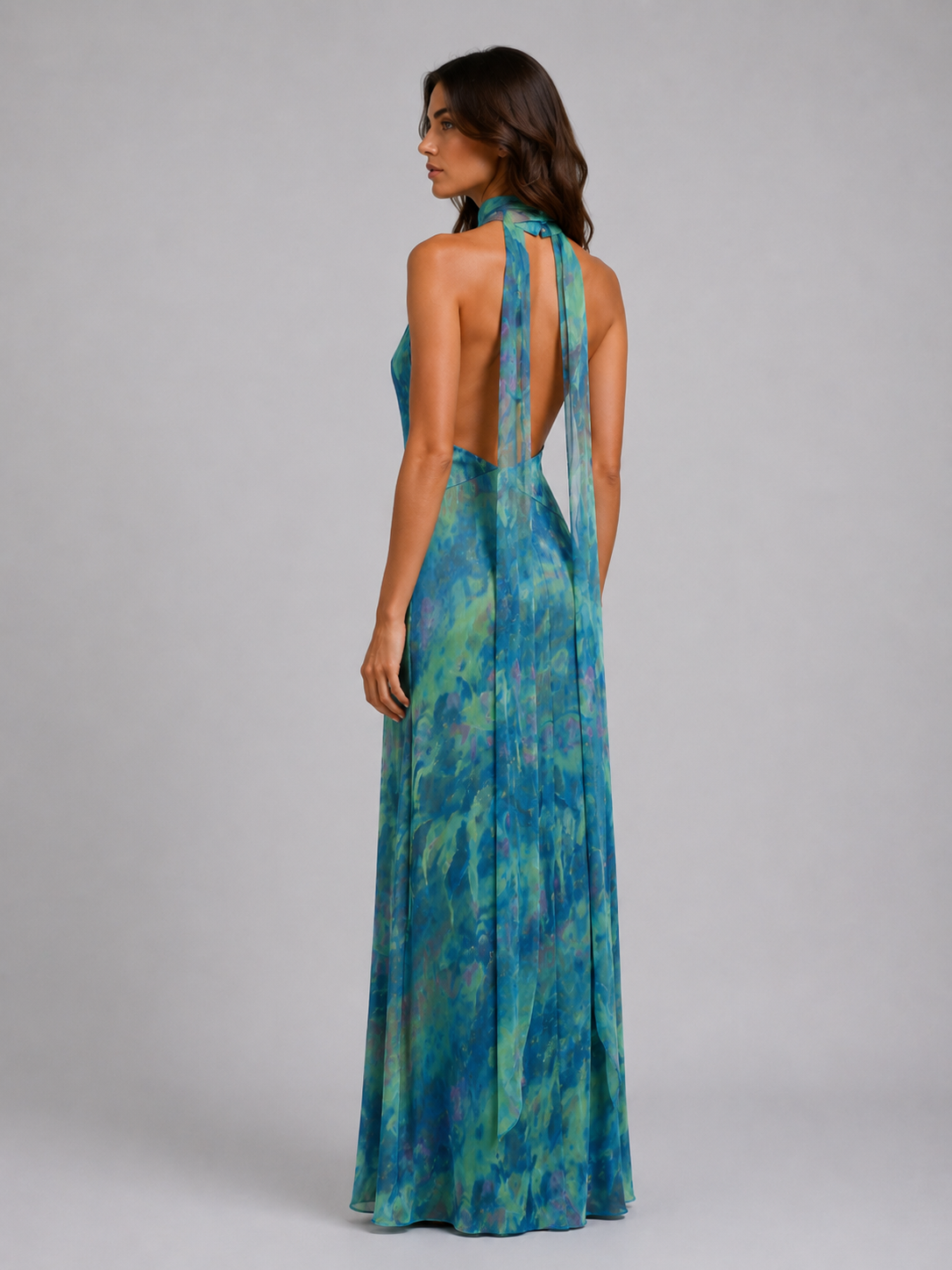 Floral Chiffon Maxi Dress - Women's Scarf Neck Halter