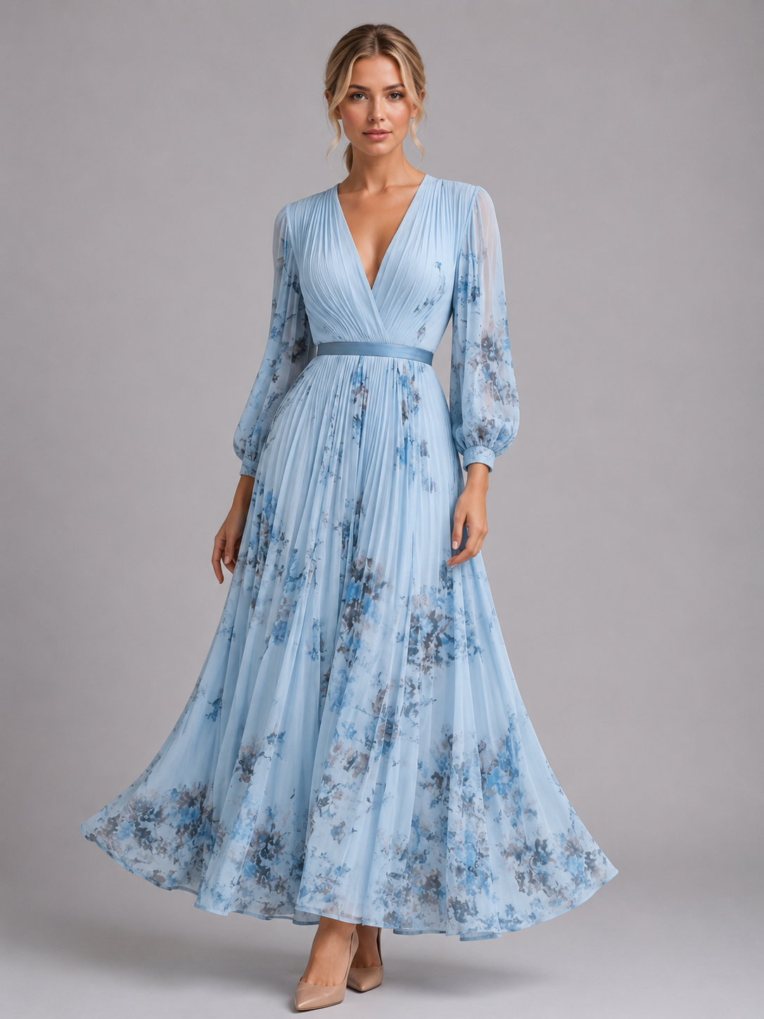 Floral Pleated A-Line Dress - Women's Midi Dress