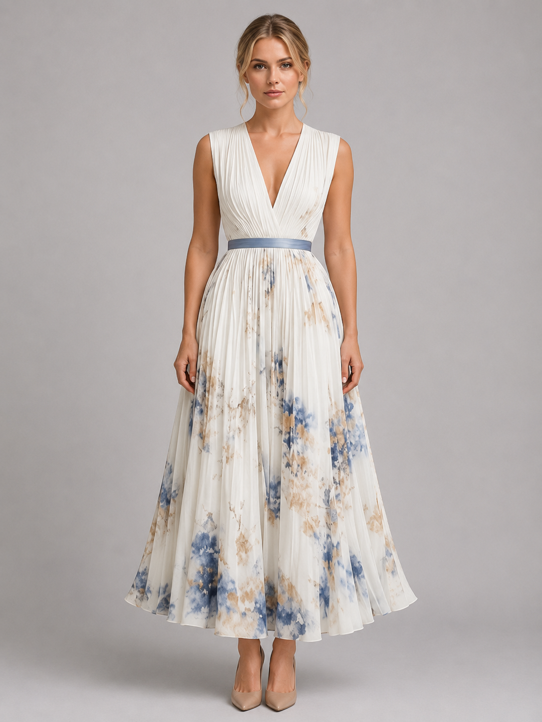 Floral Pleated A-Line Dress - Women's Midi Dress