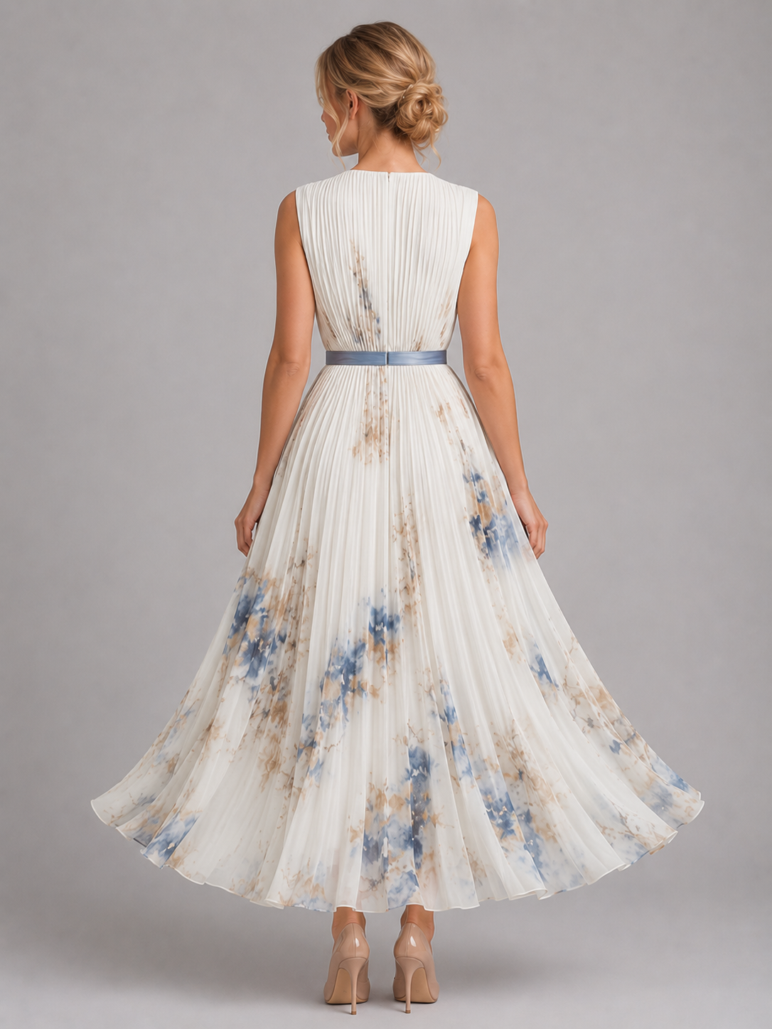 Floral Pleated A-Line Dress - Women's Midi Dress