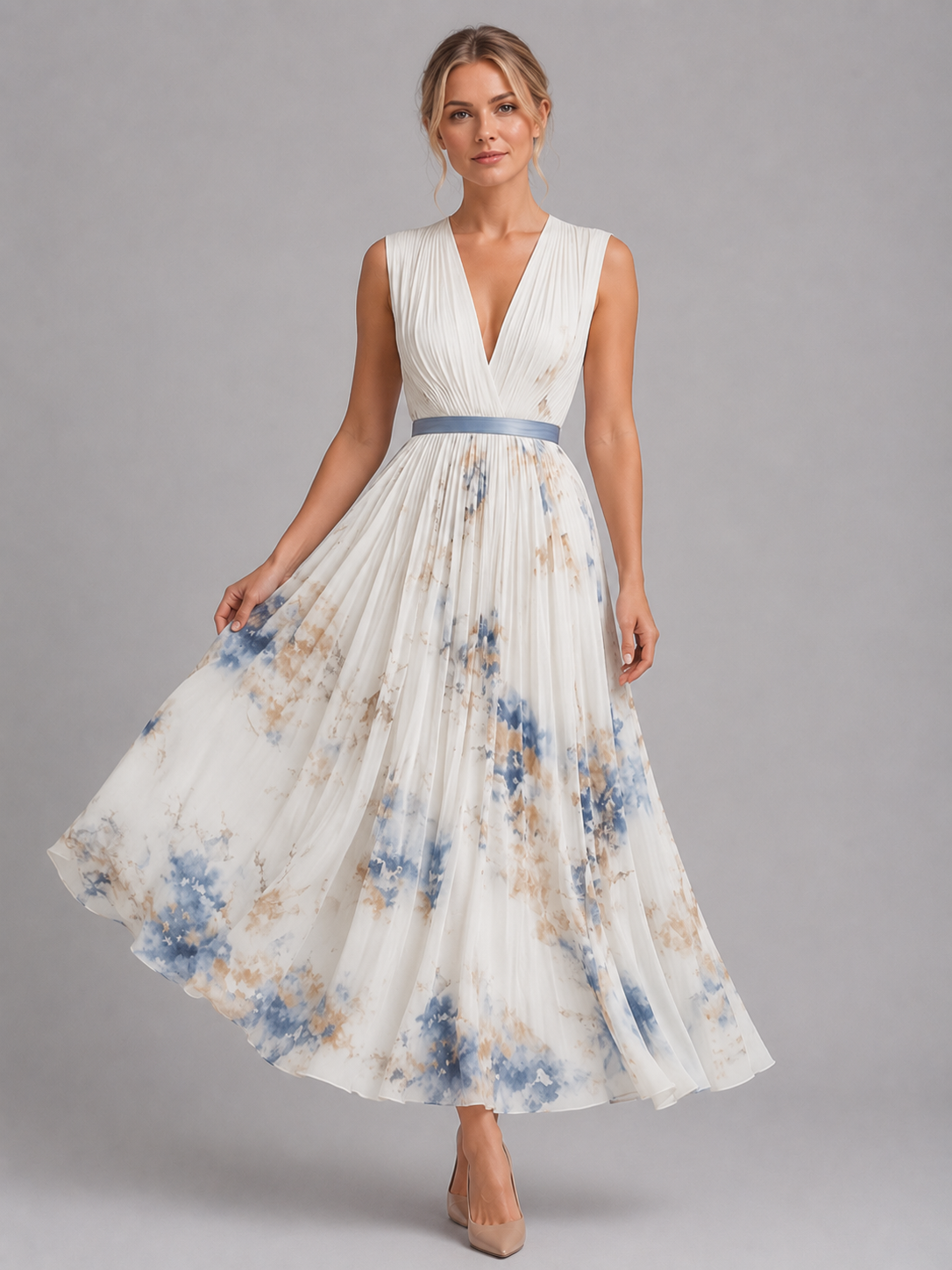 Floral Pleated A-Line Dress - Women's Midi Dress