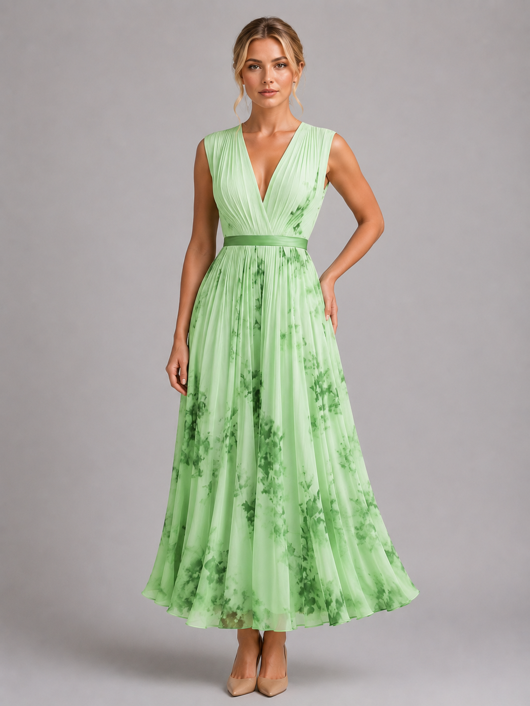 Floral Pleated A-Line Dress - Women's Midi Dress