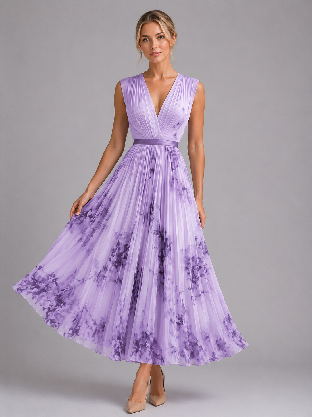 Floral Pleated A-Line Dress - Women's Midi Dress