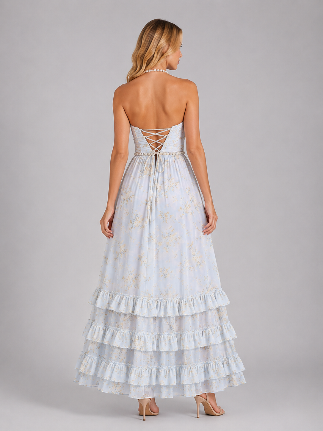 Floral Ruffle Maxi Dress - Beaded Halter Women's Dress