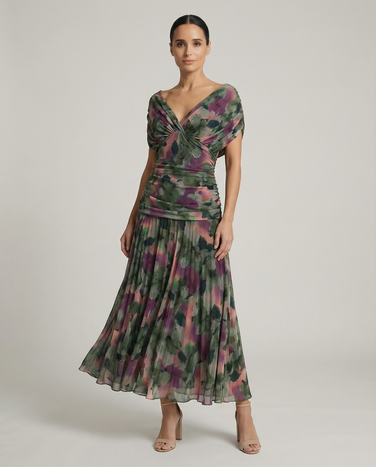 Gradient Pleated Maxi Dress - Women's V-Neck Dress