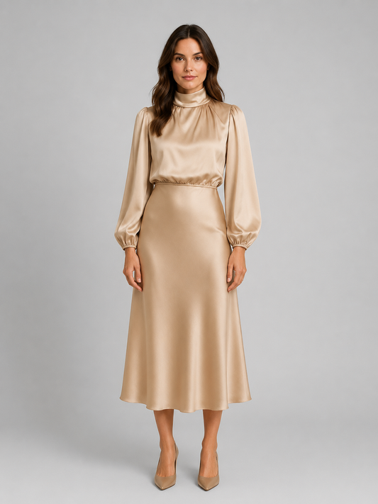 High Neck Satin Feel Midi Dress - Women's Long Sleeve