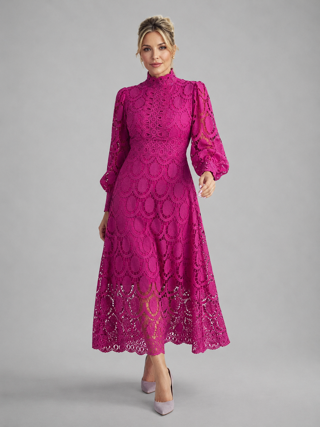 Lace Midi Dress - Women's Long Sleeve Occasion Dress