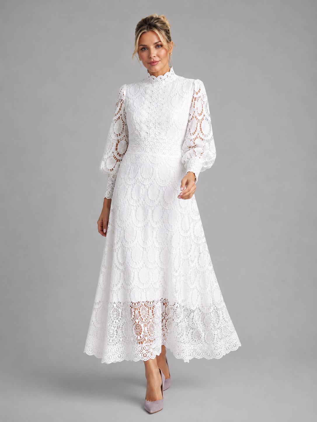 Lace Midi Dress - Women's Long Sleeve Occasion Dress