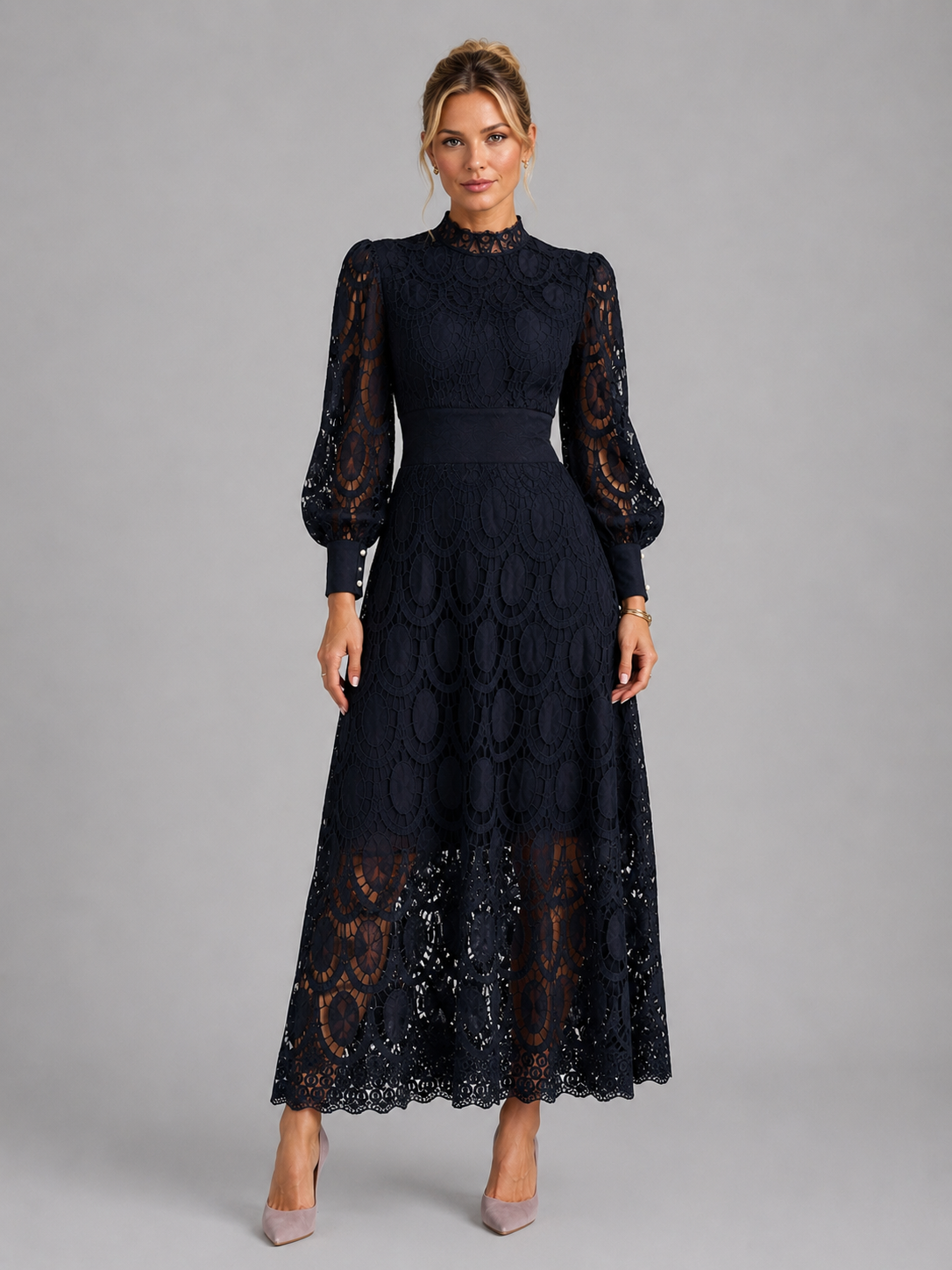 Lace Midi Dress - Women's Long Sleeve Occasion Dress