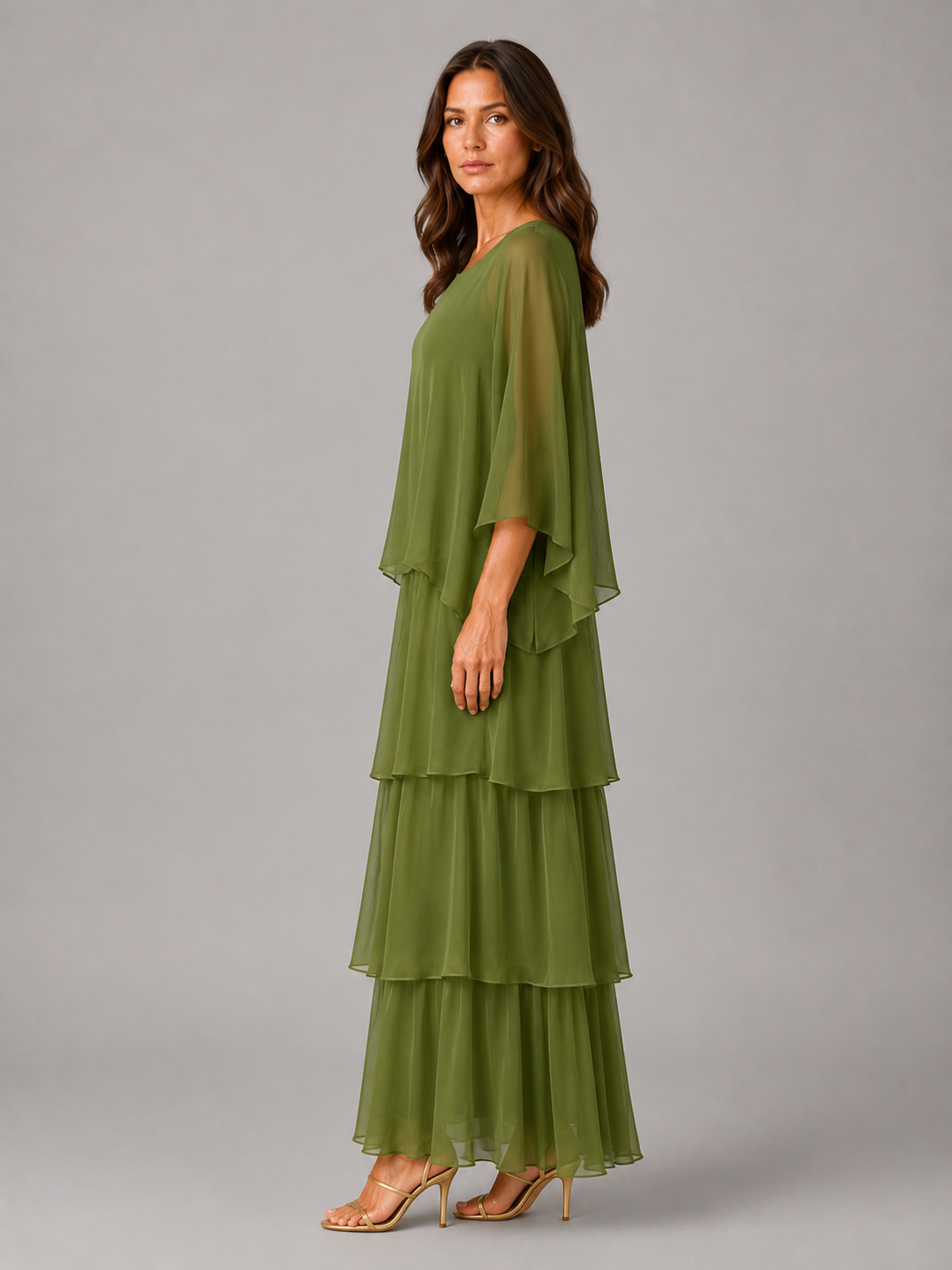 Paloma Tiered Chiffon Maxi Dress - Cape Sleeve Women's