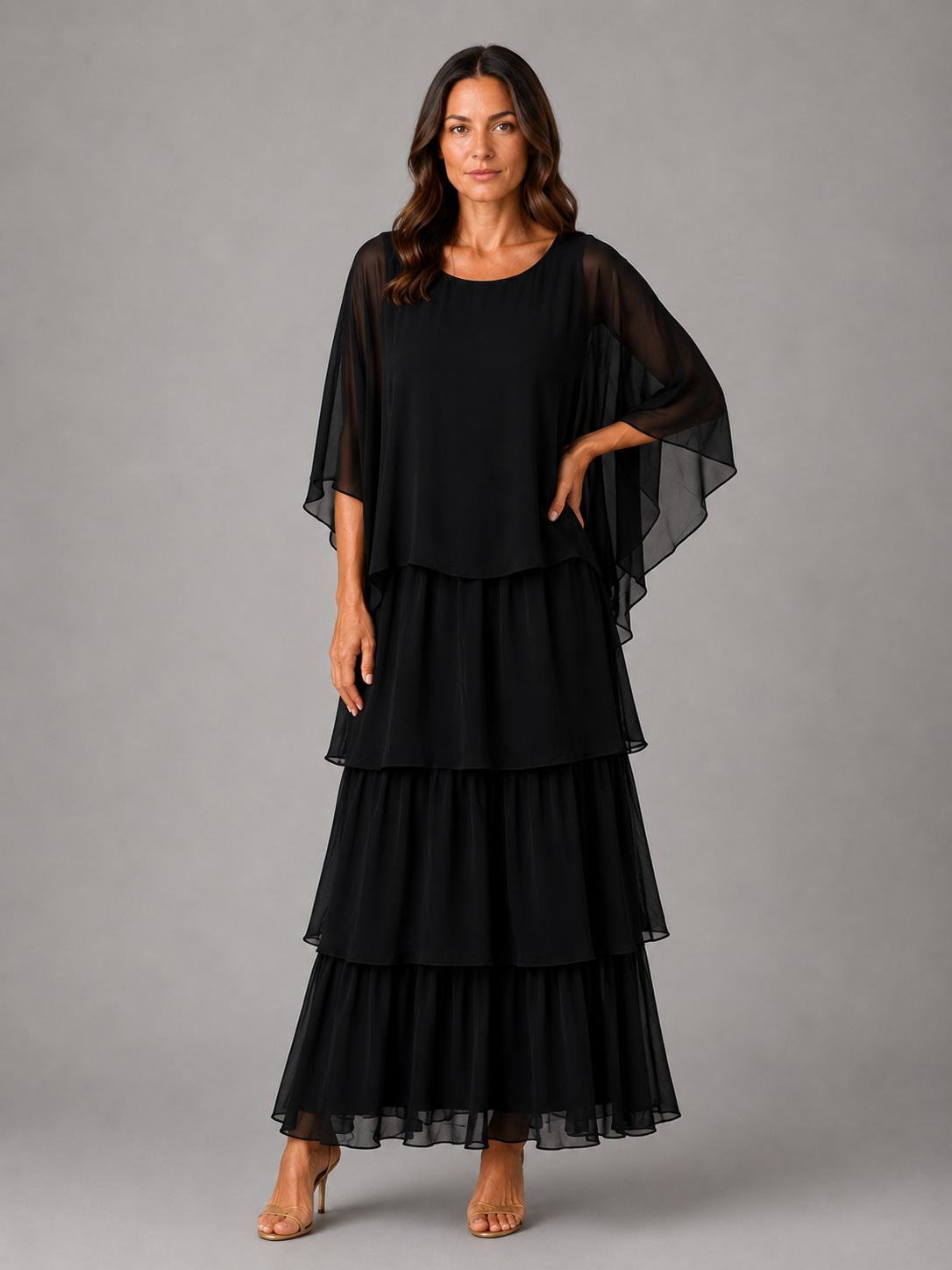 Paloma Tiered Chiffon Maxi Dress - Cape Sleeve Women's