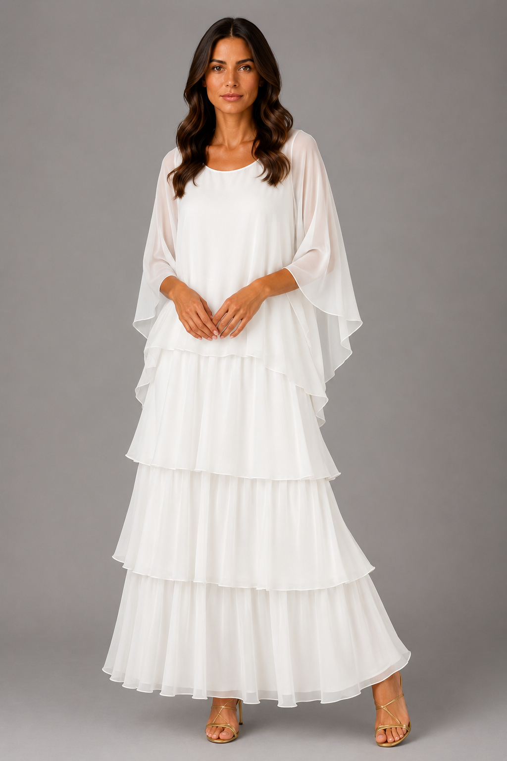 Paloma Tiered Chiffon Maxi Dress - Cape Sleeve Women's