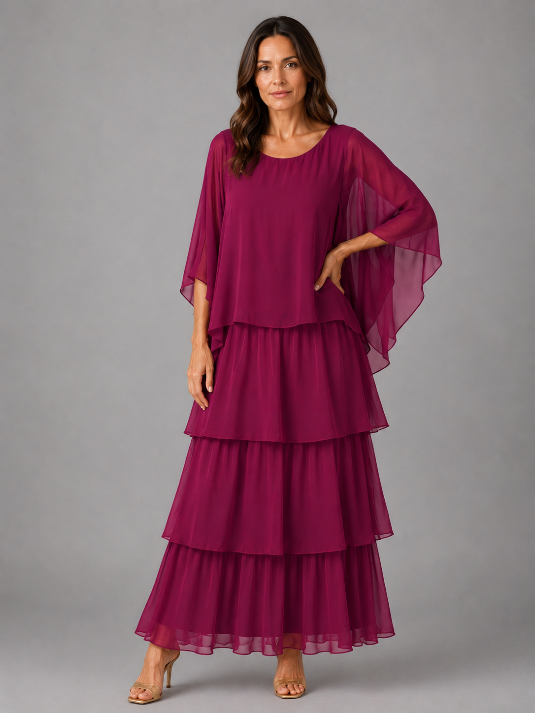 Paloma Tiered Chiffon Maxi Dress - Cape Sleeve Women's