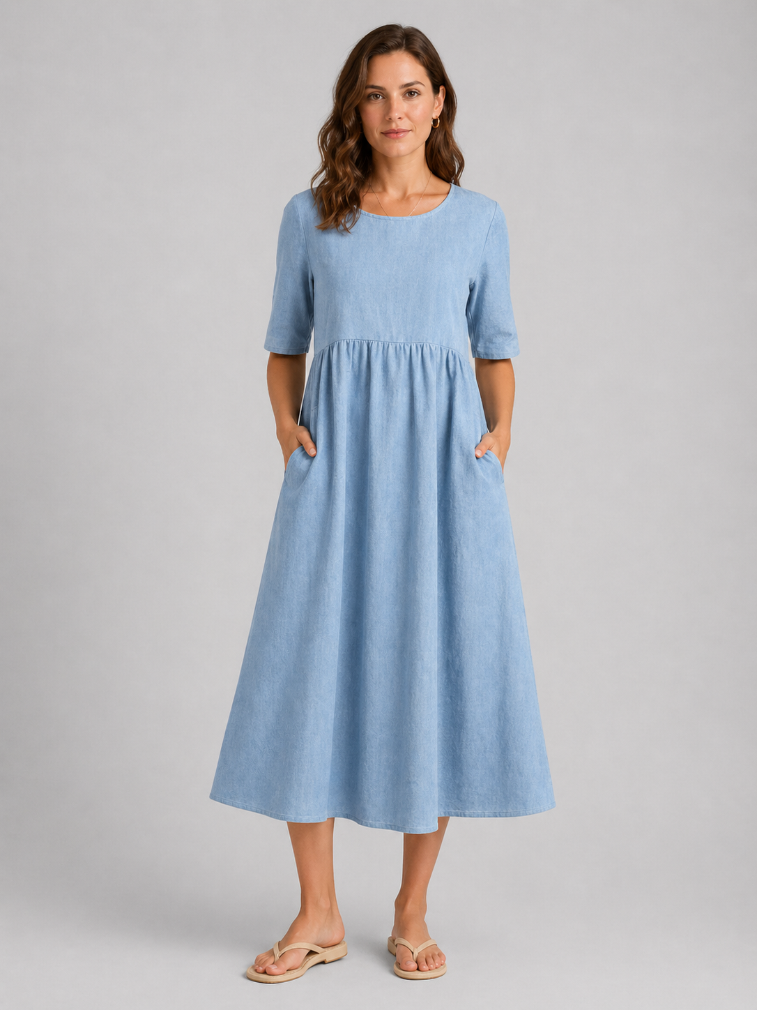 Linen Look Midi Dress - Relaxed Women's Day Dress