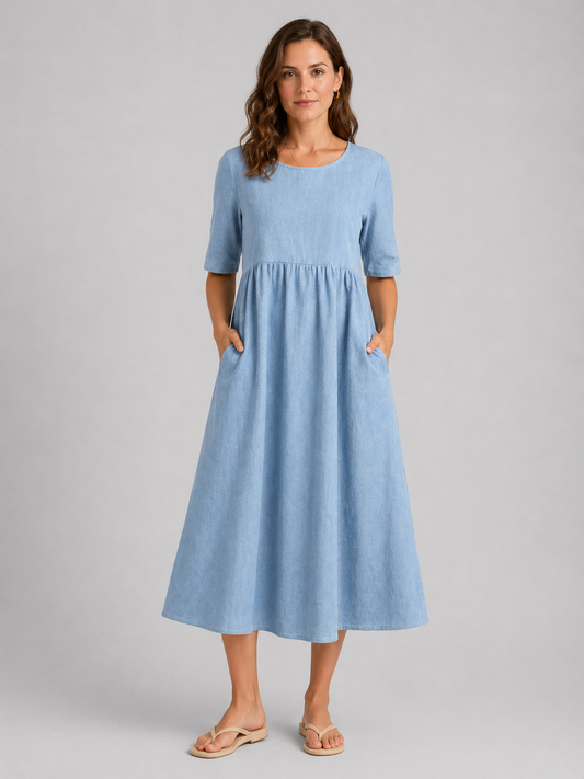 Linen Look Midi Dress - Relaxed Women's Day Dress