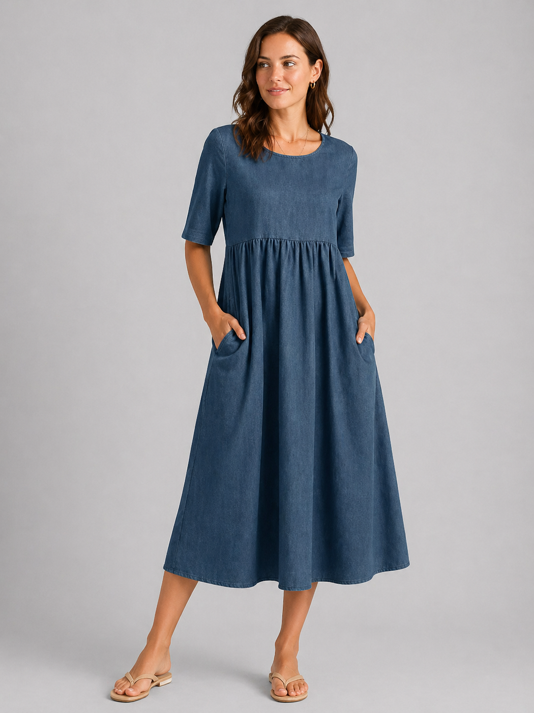 Linen Look Midi Dress - Relaxed Women's Day Dress