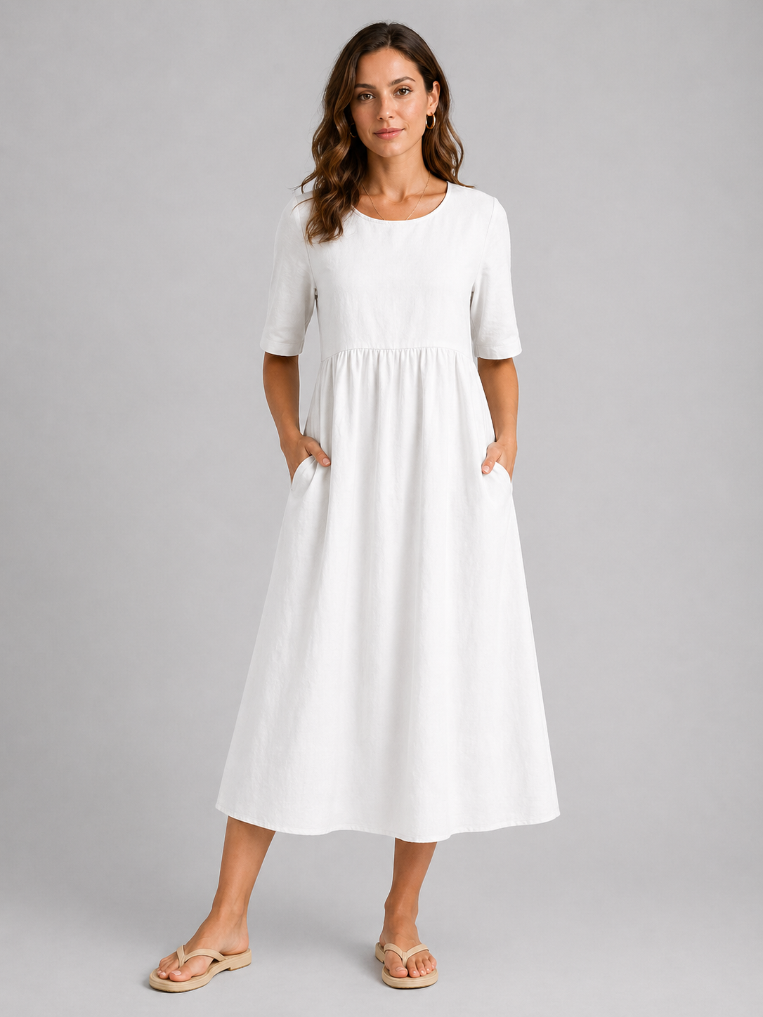 Linen Look Midi Dress - Relaxed Women's Day Dress