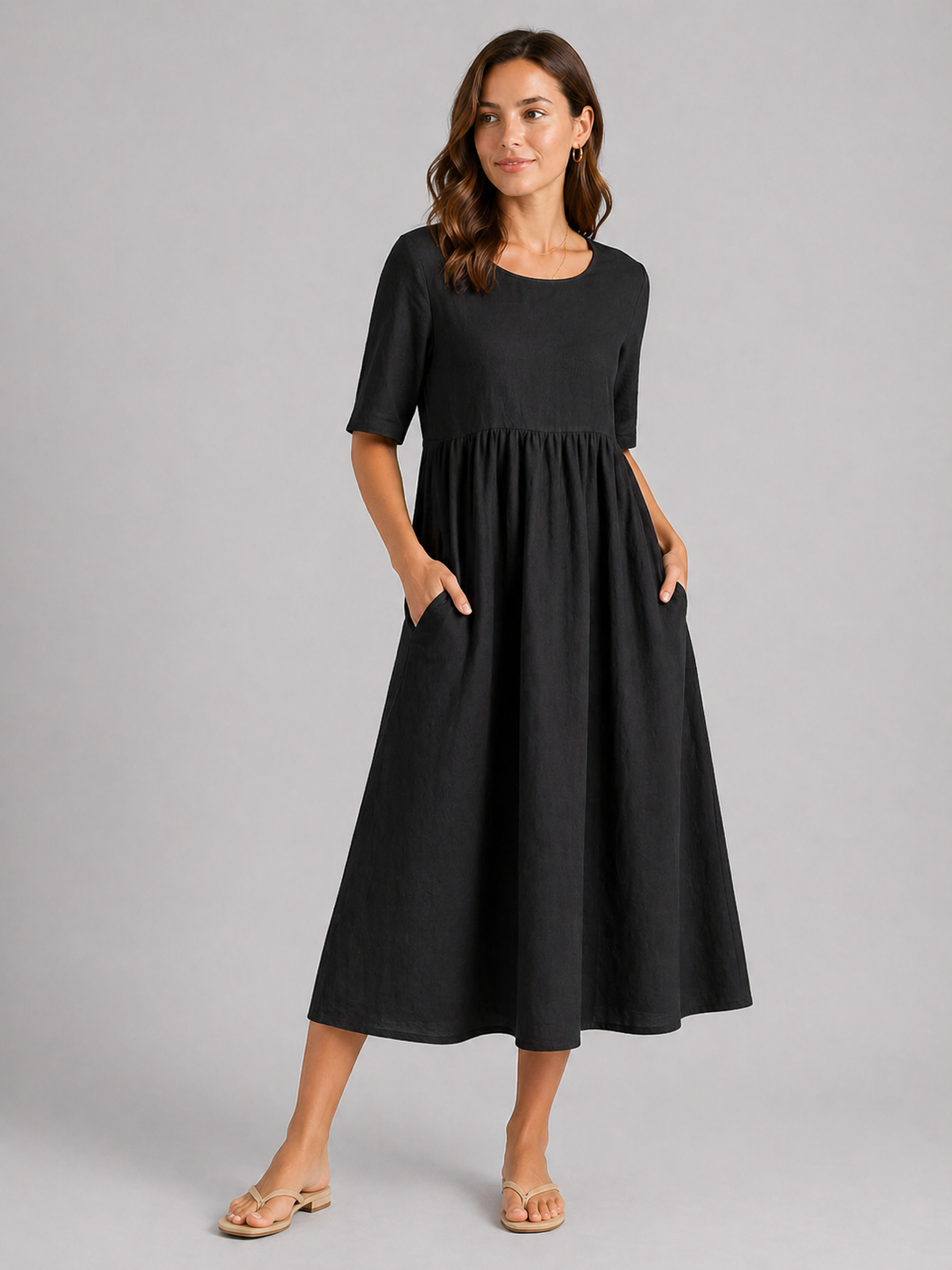 Linen Look Midi Dress - Relaxed Women's Day Dress