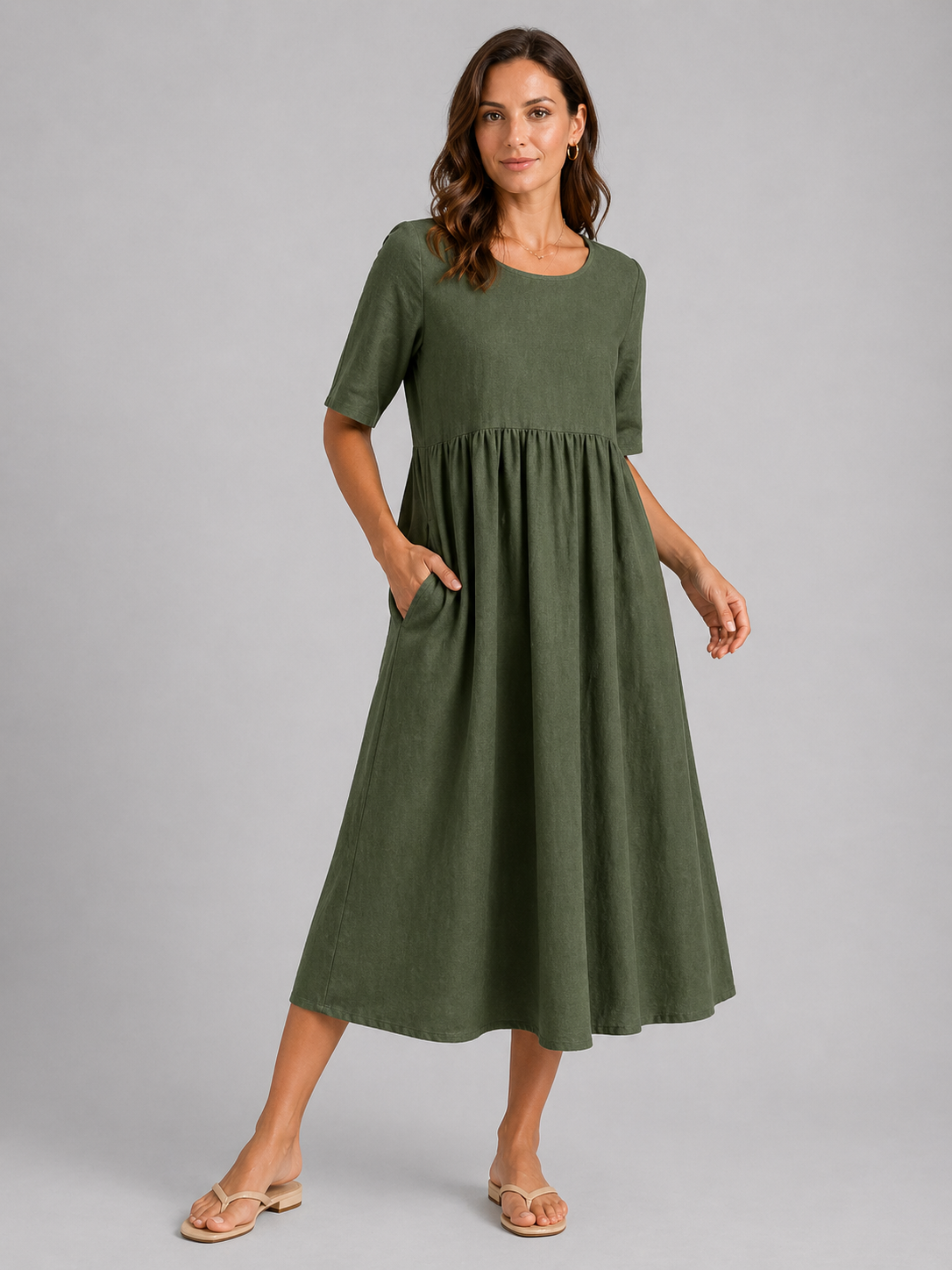 Linen Look Midi Dress - Relaxed Women's Day Dress