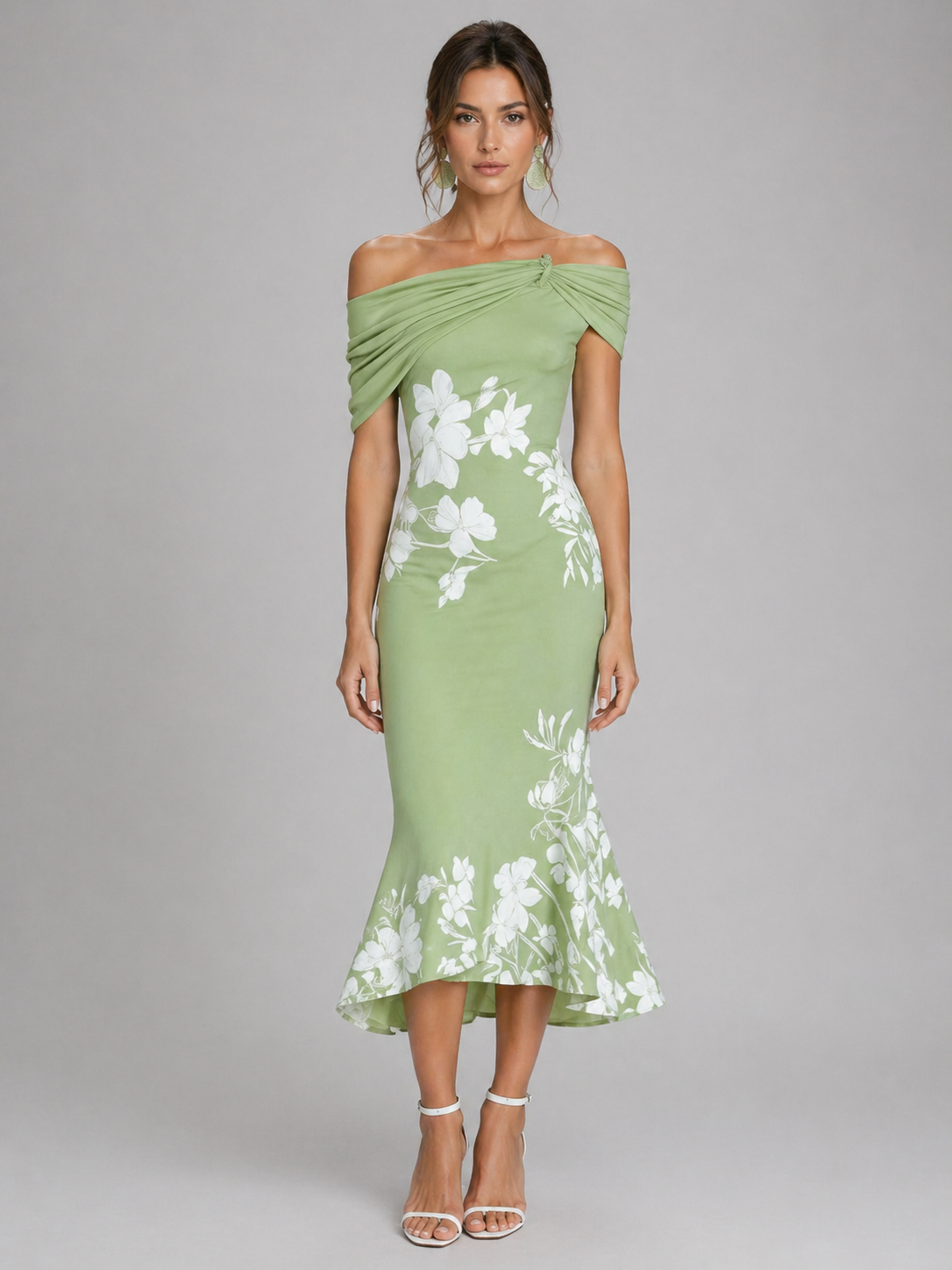 Off-Shoulder Floral Midi Dress - Draped Women's Dress